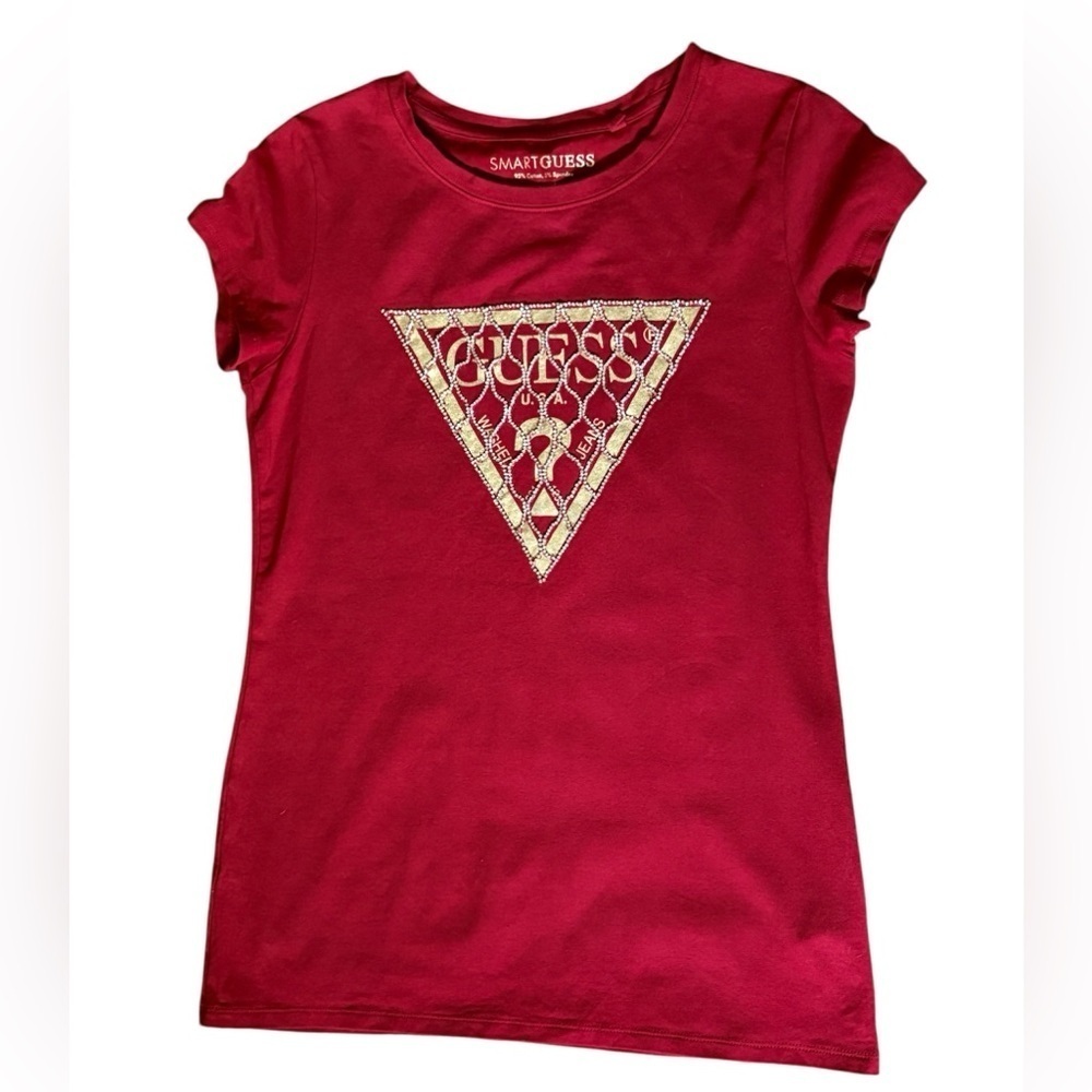 Guess bling logo top 95% cotton short sleeves dark red crystals women's size S